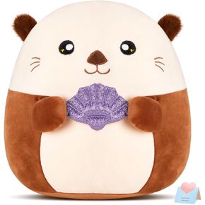 Glow Guards 12" Sea Otter Plush Pillow with Fuzzy Ears,Cute Otter Stuffed Animal,Soft Plushies Pillow Kawaii Otter Plush Toys with Glitter Purple Seashell,Otter Toys Gift for Girls Boys Birthday