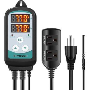 VIVOSUN 1500W Digital Temperature Controller, 2-Stage Outlet Thermostat Heating and Cooling Mode, Thermostat with Dual LED Display, for Homebrew Fermenter Greenhouse Terrarium, 110-240V 15A 1500W