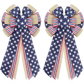 Whaline 2Pcs 4th of July Large Wreath Bow 3-Layers Stars and Stripes Farmhouse Bow Independence Day Patriotic Decorative Craft Bow Memorial Day for Indoor Outdoor Bunting Party Door Wall Decoration