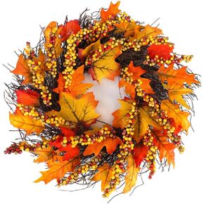 17.5" Wreath Artificial Yellow and Red Leaves Wreath,Berries Maple Leaves Vine Rattan Weave Wreath Garland,on Home Wall Front Door Mall,for Christmas Birthday Wedding Festival Decor