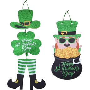 jspupifip 4 قطع عيد القديس باتريك ديكور الباب الأمامي علامة، شامروك البرسيم الأيرلندية معلقة ترحيب مجلس اكاليل الأخضر محظوظ بريق من الورق المقوى شماعات مع حبل لديكور باب عيد القديس باتريك in Kuwait