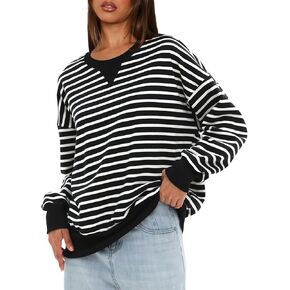 Darong المرأة المتضخم مخطط كتلة اللون طويلة الأكمام طاقم الرقبة البلوز عارضة القطن البلوز بلوزات الخريف القماش in Kuwait