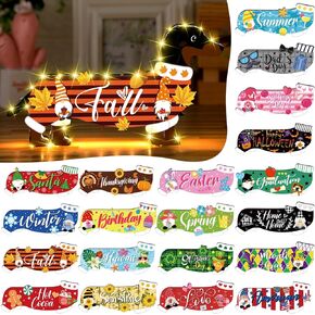 21 Pcs Interchangeable Dog Sign with LED Light Replaceable Rustic Dachshund Sign Vertical Dachshund Decor Wooden Ornaments for Holiday Christmas Thanksgiving Table Tiered Tray Decoration