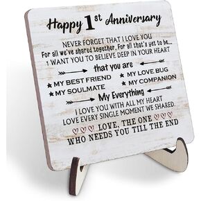 Happy 1st Anniversary Card Gifts for Him Her, Never Forget That I Love You - 1 Year Anniversary Desk Plaque Gifts for Husband Wife, First Wedding Anniversary for Men Desk Decor Wooden Sign 4''X4''