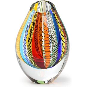 Cá d'Oro Drop Glass Vase Hippie Colored Canes Hand Blown Murano-Style Art Glass - Model Low