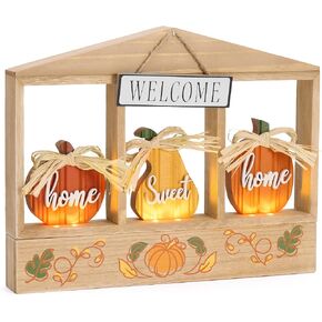 Valery Madelyn Fall Table Decorations for Home, Lighted Fall Pumpkin Decor for Thanksgiving Centerpiece, 12 Inch Farmhouse Wooden Tabletop Welcome Sign for Autumn Harvest Halloween Holiday Party Gift
