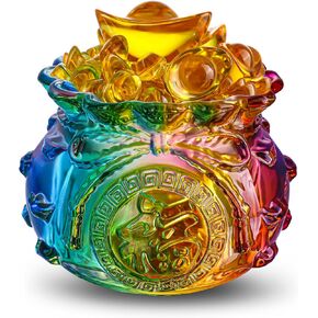 3’’ Colorful Crystal Glass Treasure Basin Cornucopia Bowl with Colorful Ingot/Yuan Bao Good Luck Wealth Prosperity Figurine Collectibles Feng Shui Decor for Home Office