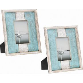 Barnyard Designs Rustic Wood Picture Frame – Farmhouse or Coastal Beach Distressed Wooden Photo Frame, White/Turquoise (4" x 6" / 2 Frames)