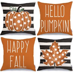 GEEORY Fall Pillow Covers 18x18 Set of 4 Fall Decor Polka Dots Pumpkin Maple Leaf Happy Fall Stripes Decorative Throw Pillows Farmhouse Thanksgiving Decorations Orange Cushion Case for Couch Sofa