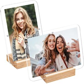 Acrylic 4x6 Picture Frames, Clear Frame with White Edges & Wood Base, Rustic Home Décor Standing Photo Frame, Horizontal & Vertical Picture Frame Set for Tabletop & Desktop Display | Pack of 2