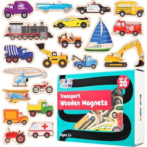 SPARK & WOW Wooden Magnets - Transport - Set of 20 - Magnets for Kids Ages 2+ - Cute Transportation Magnets for Fridges, Whiteboards and More