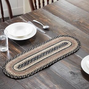 VHC Brands Sawyer Mill, Braided Jute Table Runner, Oval, Charcoal Creme, 8x25