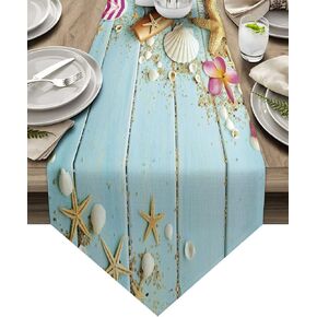 Vandarllin Cotton Linen Table Runner Dresser Scarves Beach Theme Seashells Starfish&Blue Rustic Wood Non-Slip Burlap Table Setting Decor for Wedding Party Holiday Dinner Home (13X70 Inch Long)