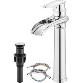 gotonovo Waterfall Vessel Sink Faucet for Sink 1 Hole,Single Handle Tall Bathroom Sink Faucet,Brass Waterfall Bathroom Faucet Round Body Mixer Tap with Pop Up Drain and Supply Line,Polish Chrome