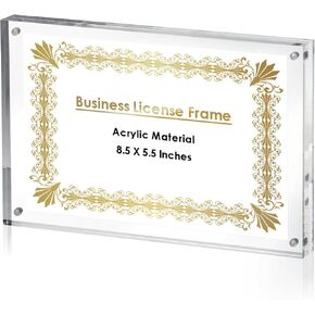 JUXYES 8.5 x 5.5 Clear Acrylic Business License Frame Magnetic Certificate Display Frame, Acrylic Sandwich Frames Frameless Picture Frame Tabletop Magnetic Frames for Business License Certificate