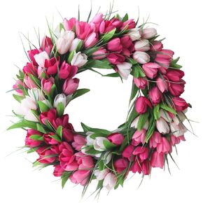 20 Inches Artificial Door Wreath Spring Tulip Wreath for Front Door, Mothers Day Artificial Flower Wreath with Pink Tulips for Wall Window Party Wedding Decor, Pink, 50cm/19.7in