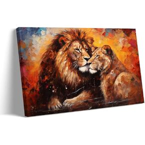 Lnzinro Lion and Lioness Wall Art Framed Pictures Prints Retro Abstract Lion Lioness Wall Art Animal Poster for Room Decor 16x24 inches
