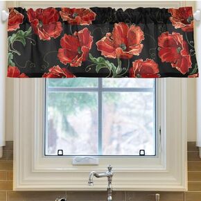 Poppy Flowers Window Valances for Kitchen Window Curtains Red Poppies Black Rod Pocket Valance Window Treatments Drapes Short Curtain Decorations 54" X 18"