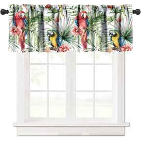 Tropical Palm Plant Window Valance Parrot Bird Watercolor Decor Rainforest Summer Short Curtain Rod Pocket Dining Room Bedroom Kitchen Living Room Cafe 54x18in