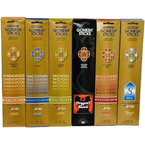 GONESH Variety Gift 12 Pack Assortment (Sandalwood, Nag Champa, Patchouli, Dragon's Blood, Black Cherry, 8 Perfumes of a Spring Mist, 240 Sticks Total)