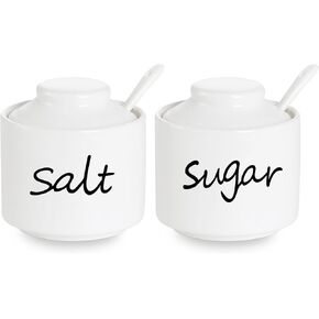 ONTUBE 8 oz Sugar and Salt Bowls with Lid and Spoon, Ceramics Condiment Pots,Seasoning Jar Spice Container for Kitchen,Dishwasher Safe (White)