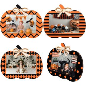 Whaline 4Pcs Halloween Pumpkin Picture Frames Orange Black Pumpkin Shape Wooden Photo Frames with Natural Raffia for Fall Thanksgiving Halloween Party Home