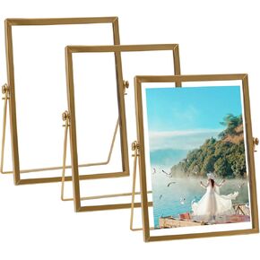 3 Pcs Metal Picture Frames,Gold Floating Photo Frame,7 x 9 Inch Vertical Glass Frame,Gold Metal Display Frame for Multi Size Photos Including 4×4,4×6, 5×7 and Home Wedding New Year