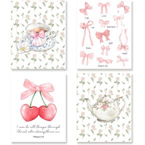 KSDUT Coquette Pink Bow Bible Verse Wall Art Decor Set of 4 - Christian Scripture Artwork Poster Preppy Trendy Floral Wall Decor for Girls College Apartment Dorm Home Decorations - 8"x10" Unframed