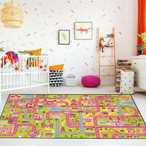 Kids Playmat Rug Large Carpet 6 x 9 ft Pink Player Car Rug Playroom Non Slip Washable Kids Car Road Rug Educational Learning Area Rug Children Play Carpet for Bedroom Classroom Nursery Room