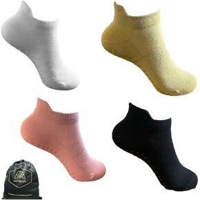 Yoga Socks- Pack of 4 Pairs with Bag/Non-Slip,Cotton Socks,Grip Socks,Trampoline,Pilates,Grips,Workout,Breathable Socks,Hospital Socks