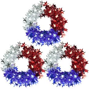 TORONTOKYO 3 Pcs Patriotic Tinsel Wreath for Front Door 11.81 Inch Red White Blue Memorial Day Wreath with Stars 4th of July Decorations for Independence Day Wall Home Farmhouse