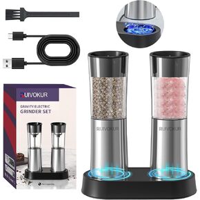 Automatic Salt and Pepper Grinder Set, Electric Salt and Pepper Grinder Set Rechargeable with Charging Base, 2 Pack USB Electric Pepper Grinder with Adjustable Coarseness for Kitchen