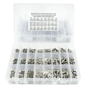 510pcs 18-Size Metric M2 M2.5 M3 M4 M5 M6 304 Stainless Steel Phillips Pan Head Machine Screws Bolts Combine with Spring Washer and Plain Washers Nuts Assortment Kit