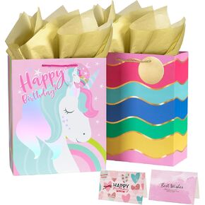 13" Laser Happy Birthday Gift Bag with Tissue Paper and Cards, 2 Medium Gift Bag for Presents Set, Large Birthday Gift Bag for Women, Happy Birthday Bag for Girls Kids, Birthday Gift Bags for Kids
