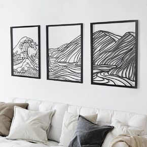 Remenna Metal Wall Decor Minimalist Modern Wall Art, Black Wave Mountain Metal Wall Art Set of 3 with Frame, Abstact Line Wall Sculptures for Bedroom Living Room Bathroom 16.0 x 12.0 Inches