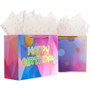 13" Laser Happy Birthday Gift Bag with Tissue Paper and Cards, 2 Medium Gift Bag for Presents Set, Large Birthday Gift Bag for Women, Happy Birthday Bag for Girls Kids, Birthday Gift Bags for Kids