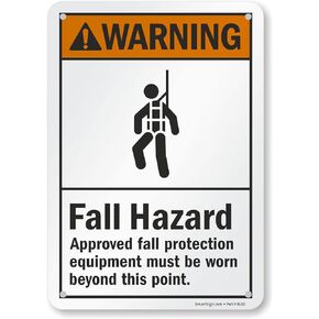 SmartSign 10 x 7 inch “Warning - Fall Hazard, Approved Fall Protection Equipment Must Be Worn" ANSI Metal Sign, 40 mil Laminated Rustproof Aluminum, Orange, Black and White