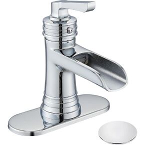 Waterfall Bathroom Faucet, Brushed Gold Bathroom Sink Faucet Single Hole, One Handle Brass Vanity Faucets with Pop Up Drain and Water Supply Lines, Brushed Gold