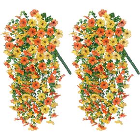 Artificial Faux Outdoor Outside Flowers Plants, 2 PCS Fake Silk UV Resistant Look Real Mixed Daisy Trailing Vines for Front Door Porch Planter Urn Patio Balcony Decoration