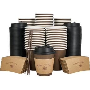 LITOPAK 100 Pack 16 oz Paper Coffee Cups, Brown Disposable Coffee Cups with Lids, Sleeves, Sticks, Drinking Cups for Hot Coffee, Water or Juice, Hot Paper Cups for Home, Restaurant, and Store