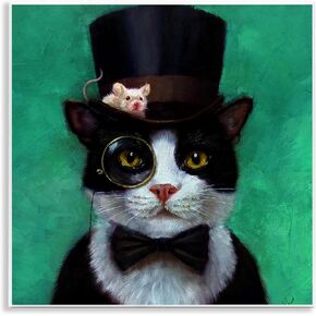 Stupell Industries Good Sir Top Hat Cat with a Mouse and A Monocle Turquoise Painting Wall Plaque, 12x12, Multicolor