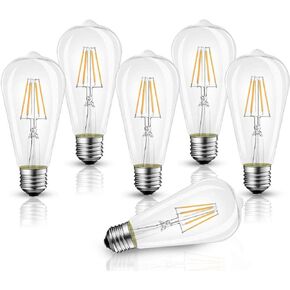 ST21 White LED Edison Bulb 4.5W(40 Watt Equivalent), Dimmable 3000K Soft White LED Filament Light Bulb E26 Medium Base, Pack of 6