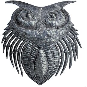 New Owl Metal Wall Art, Handmade in Haiti, Indoor Outdoor Garden Decorations, Upcycled Wall Hanging Artwork, Haitian Décor, 11 x 10.75 Inches