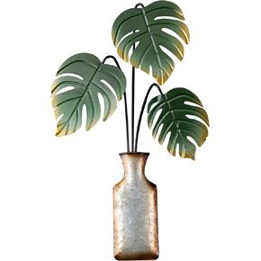 Sintosin Vintage Small Metal Monstera Leaf Wall Decor 10 X 12 Inches, Hanging Tropical Palm Leaves Metal Wall Art for Bedroom, 3D Green Fake Potted Plant Home Wall Decor for Living Room Office
