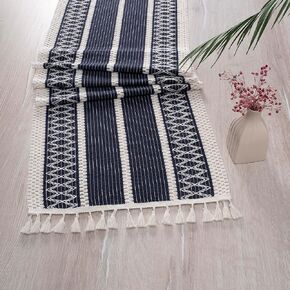 Boho Table Runner for Spring Home Decor (14x72 Inches) Long Farmhouse Rustic Table Runner, Macrame Runner with Tassels for Dining Living Room Bedroom Bridal Shower (Cream & Emerald Green) 72"