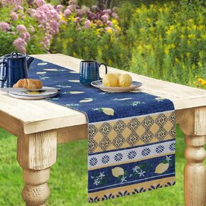 Home Bargains Plus Rectangle Fabric Table Runner, 70 Inch Long, Blue Lemon Garden, Indoor Outdoor Stain and Water Resistant Fabric Table Runner, Mediterranean Orchard