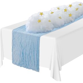 6 مجموعة من زخارف استحمام الطفل الأزرق مع 6 مفرش طاولة من القماش القطني الشاش بطول 10 أقدام مفرش طاولة بوهو دعائم سحابة اصطناعية 120 نجمة لامعة قصاصات ورقية لحفلات الزفاف وأعياد الميلاد in Kuwait
