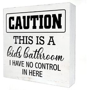 Caution This is a Kids Bathroom Wooden Box Sign with Saying Desk Decor 5 x 5 Inch Children Bathroom Box Sign Wood Plaque Block Sign Rustic Home Decor