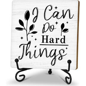 Inspirational Desk Decor Sign, Motivational Wooden Sign With Stand, I Can Do Hard Things Sign For Home Office Living Room Shelf Table, Cheer Up Gifts For Family Friend Coworker, B10