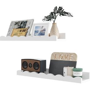 24 inch White Floating Shelves for Wall, 2 Tier Picture Ledge Shelf Solid Bamboo Floating Shelves with Lip, U Shape Wall Mounted Shelf with Wavy Ledge for Bedroom, Living Room, Bathroom